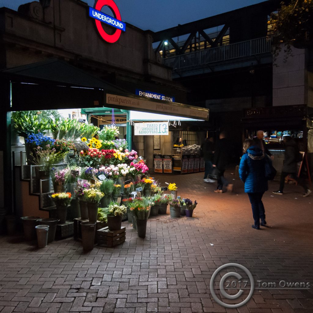 Flower stall at dusk