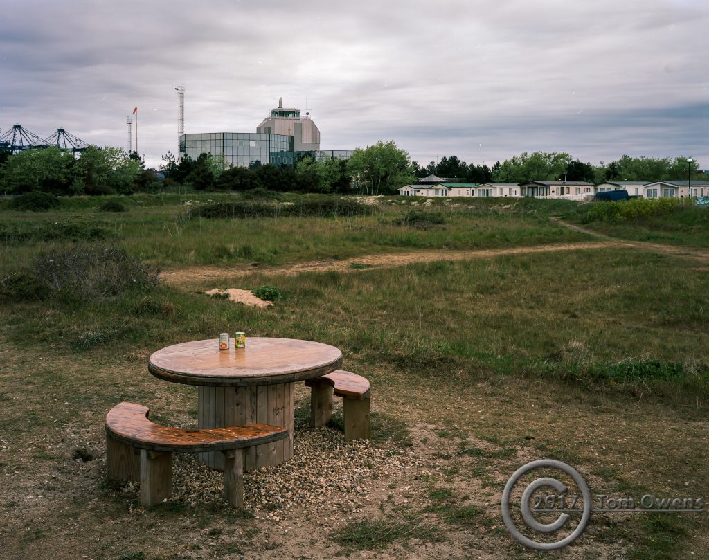 Tins of meatballs on picnic table with Custom House in background